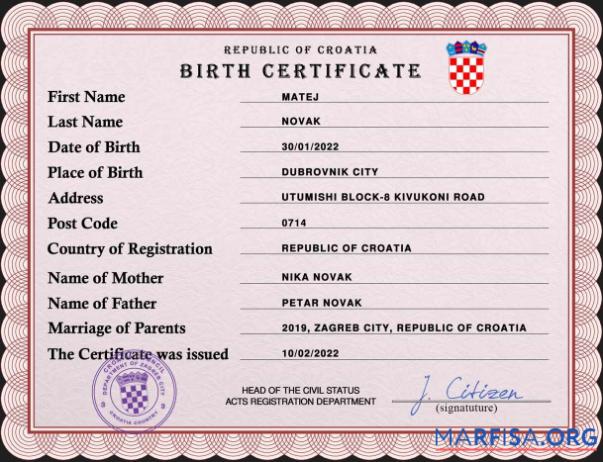 Printable Croatia vital record birth certificate PSD template